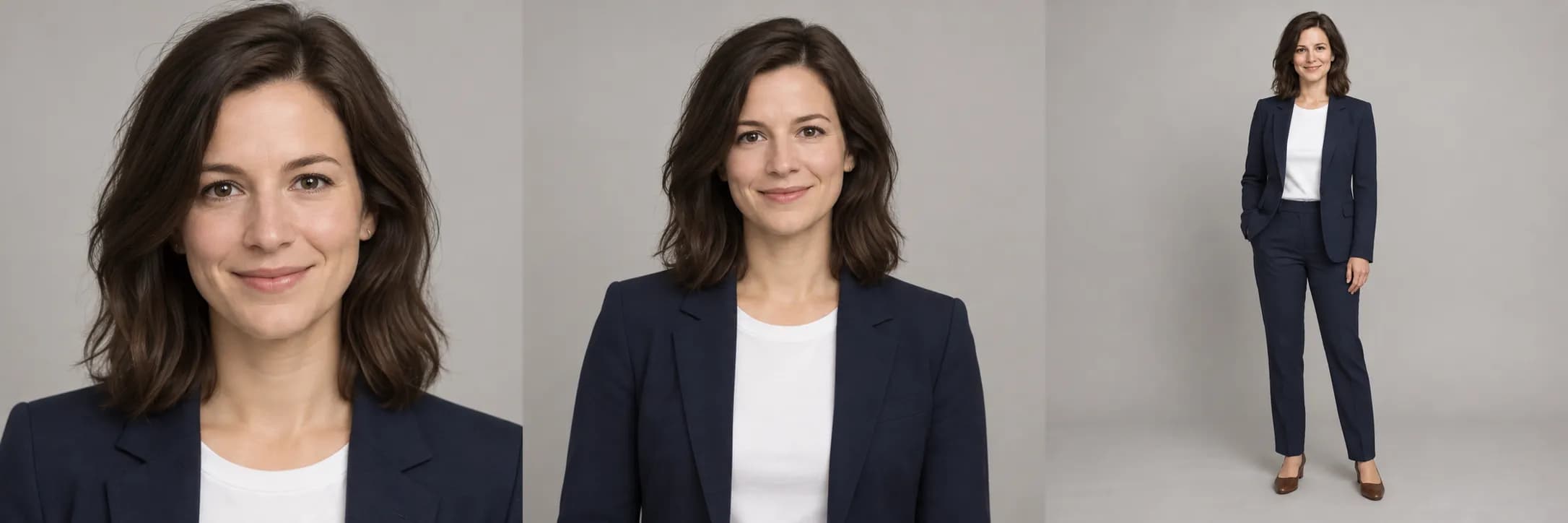 The same woman in close-up, half-body and full-body portraits, showing Studio framing options