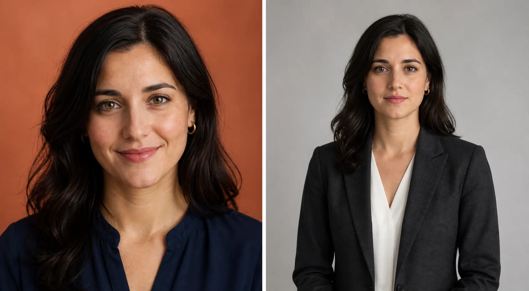 The same woman shown as a close LinkedIn portrait and a formal CV portrait