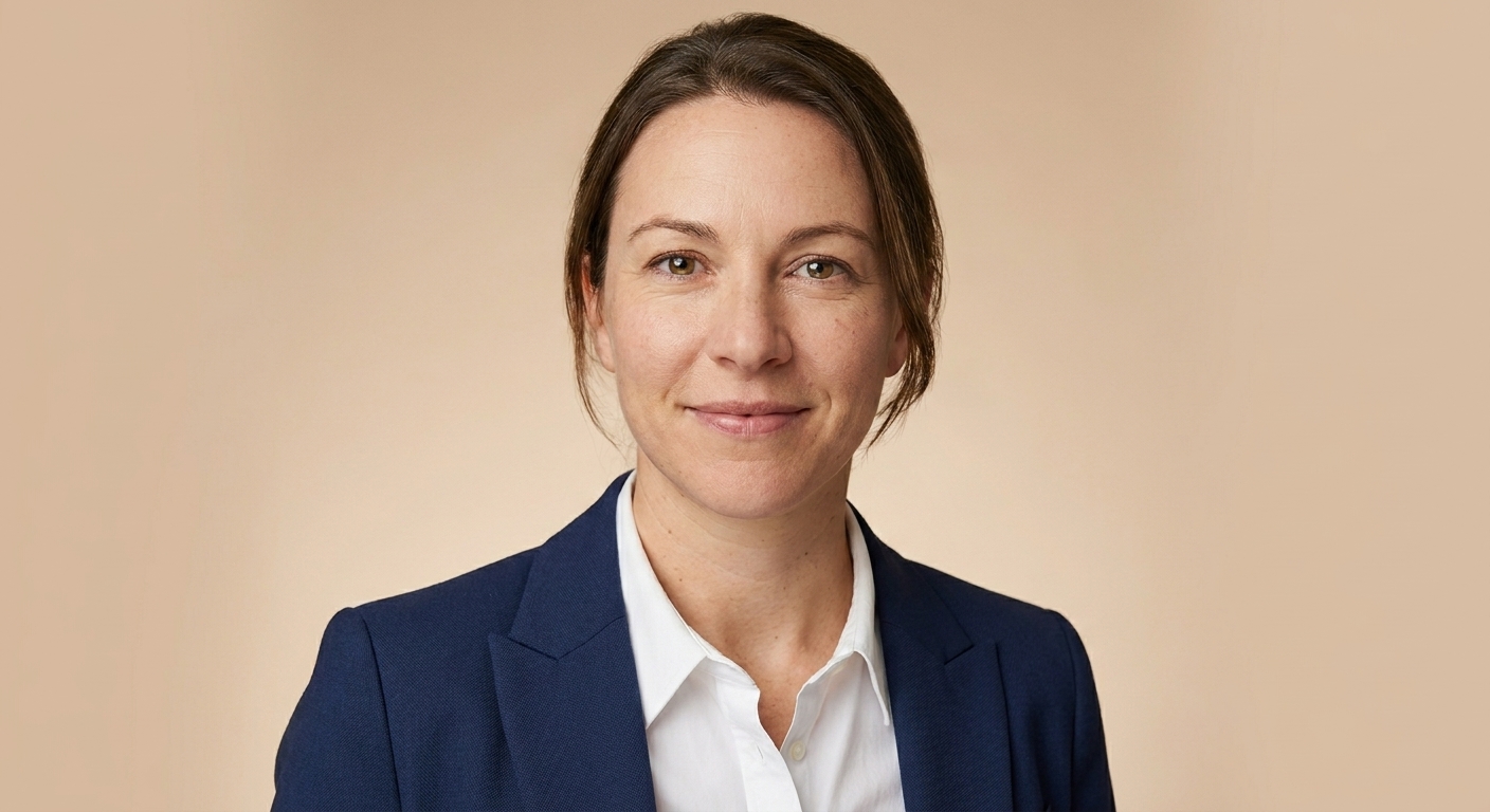 Professional headshot with a soft beige background
