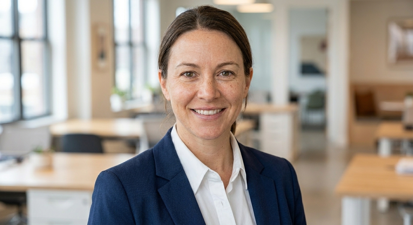 Professional headshot with a softly blurred modern office background