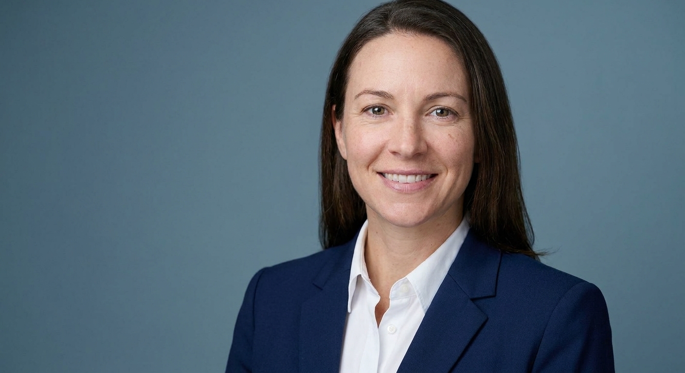 Professional headshot with a muted blue background